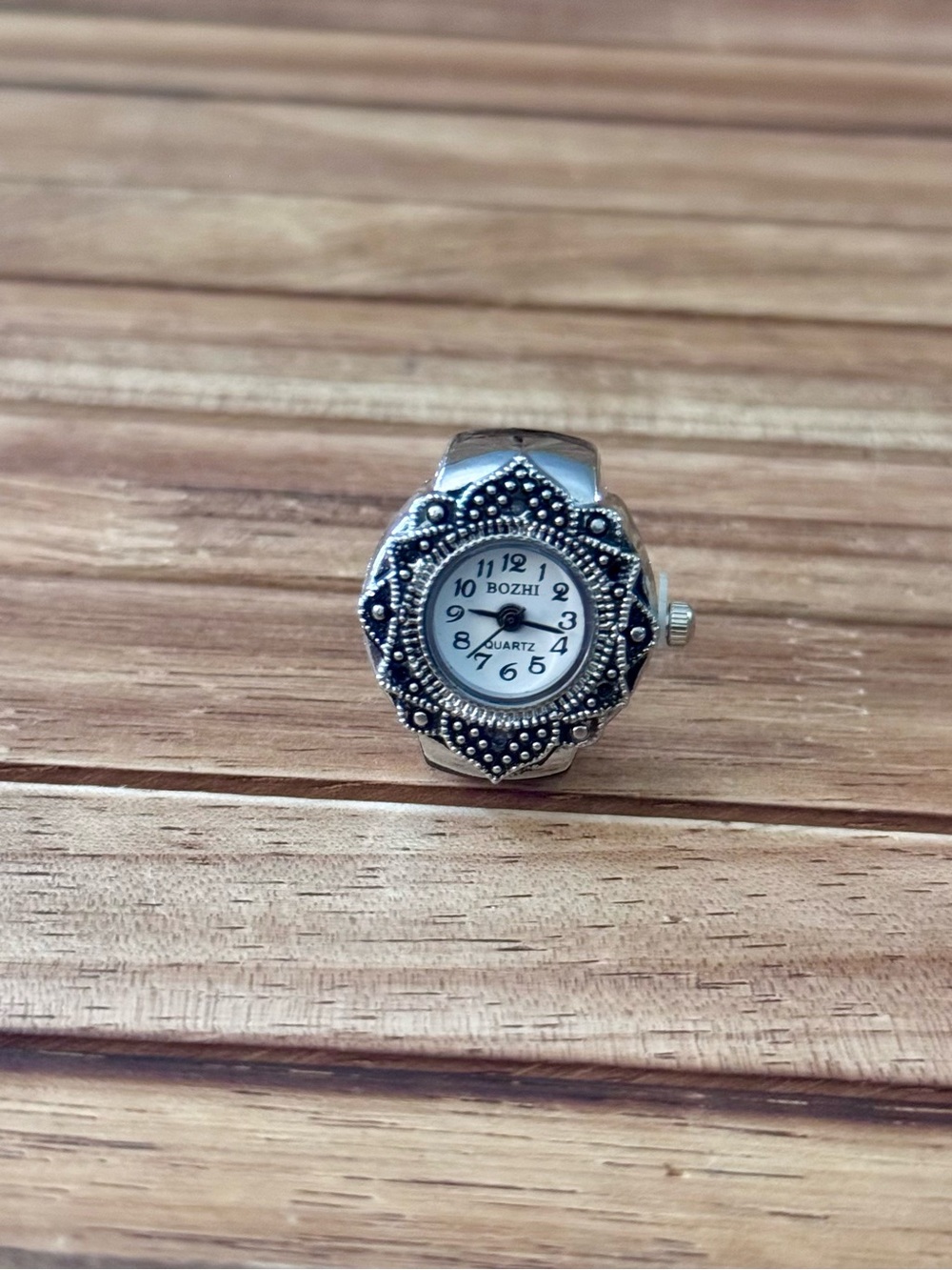 Bozhi Silver-Tone Floral Beaded Ring Watch
